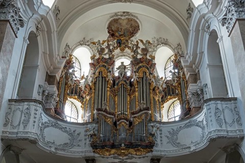 Church, Baroque Basilica of St. Mang, interior view, organ, Füssen, Ostallgäu, Bavaria Germany