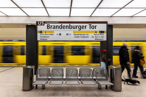 Brandenburg Gate subway station on line U5 with subway. Travelers on the platform. Berlin, Germany
