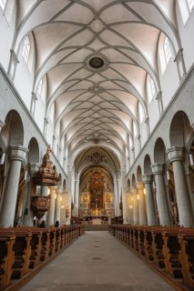 Interior view of Constance Cathedral with various architectural styles in the historic old town of