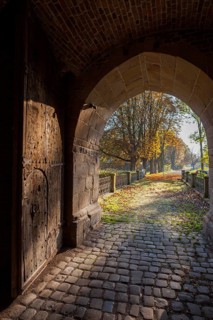 Old powerful entrance gate to Bladenhorst Castle in autumn, Castrop Rauxel, Ruhr area, North