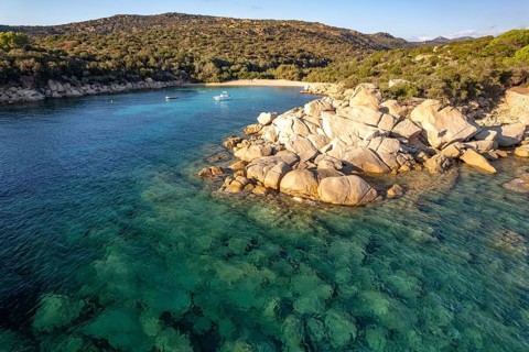 Coast and beach of Plage Barcaju near Tizzano seen from the air, Sartene, Corsica, France