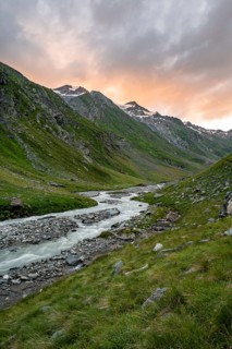 Sunset in Umbaltal, River Isel, Hohe Tauern National Park, East Tyrol, Tyrol, Austria