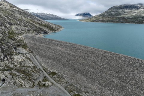 Dam at lake Styggevatnet, Styggevatn, Jostedal glacier, aerial view, Norway