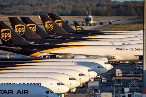 Cologne-Bonn airport, CGN, air freight center, UPS Logisic Hub, UPS cargo aircraft on the apron,
