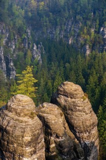 Sandstone formations in late light at the Bastei rocks near the village of Rathen in Saxon