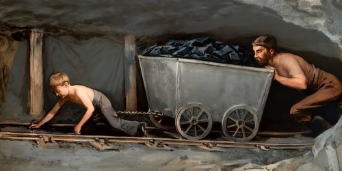 Historical illustration, child labour in the coal mining industry, hurriers pulling a corf, 19th