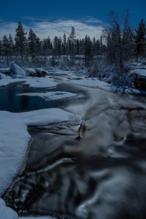 Stream in moonlight, Norrbotten, Lapland, Sweden, December 2022