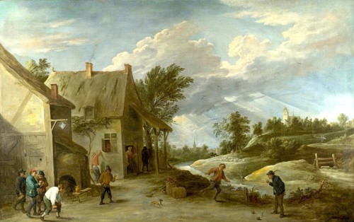Peasants playing boules in front of a village inn (c. 1660), painting by David Teniers (baptised 15