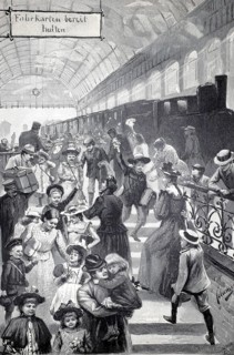 Children returning from the holiday colony, train station, parents pick up their children, 1891,