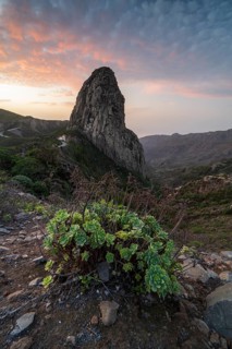 Roque de Agando rock tower at sunrise, Monumento Natural de los Roques, La Gomera, Canary Islands,