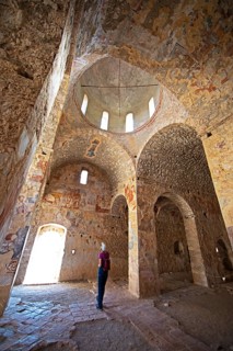 Frescoes in the church of St Nicholas, Byzantine ruined city of Mystras or Mistra on the Taygetos