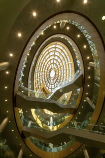 Soaring modern elliptical atrium in the Central Library building, city of Liverpool, England, UK