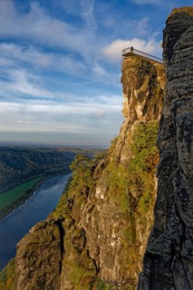 Morning atmosphere, view to the new Basteiaussicht and the river Elbe, Lohmen, Saxon Switzerland,