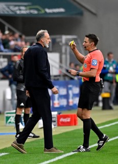 Referee Referee Tobias Reichel shows coach Pellegrino Matarazzo TSG 1899 Hoffenheim yellow card