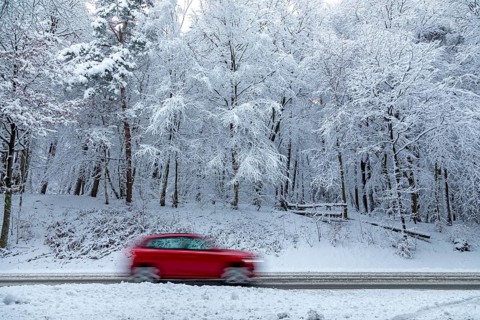 Car driving through snowy landscape, trees, winter, snow, Sieversen, Samtgemeinde Rosengarten,