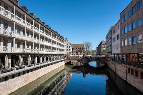 View over the Pegnitz river with the museum bridge in the old town of Nuremberg, Middle Franconia,