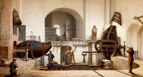 Historical illustration, 19th century, technical processing of steelmaking with a casting ladle in
