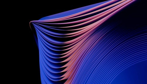 An abstract 3D image showing curved layers in vibrant blue and purple hues forming a wave like