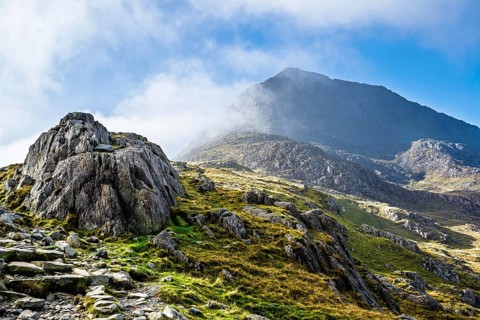 Autumn colours of Pen-y-Pass over Miner's Track, Start Point and road A4086, Snowdonia, Wales, UK