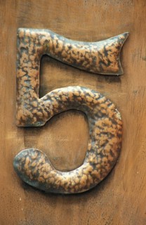 Brown house number plate 5 and copper sheet, number, number, handwork, ironwork, Oberursel, Taunus,