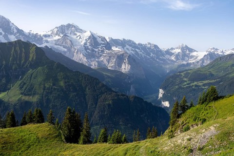 View of the Lauterbrunnen Valley from Schynige Platte, picturesque mountain landscape, glaciated