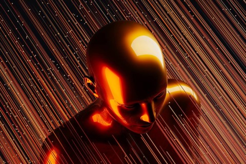 A sleek metal humanoid stands against a backdrop of vibrant, swirling lines representing artificial