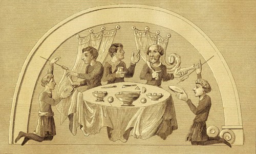 Round table set with food, Anglo-Saxon period, bowls, cups, plates, servants, gentlemen, high