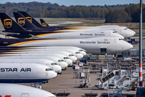 Cologne-Bonn airport, CGN, air freight center, UPS logisic hub, UPS cargo aircraft on the apron,