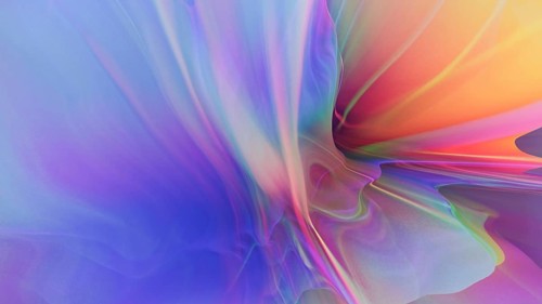 A colorful abstract design featuring fluid shapes with holographic colors and 3D extrusion effects,