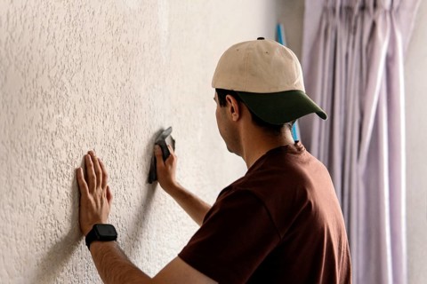 An unrecognizable man wearing a baseball cap is seen sanding a textured wall, part of his home
