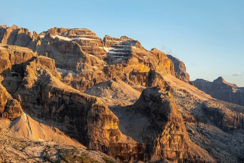 Detail, rocks and mountain peaks of the Brenta Mountains, evening mood with alpine glow, Brenta,