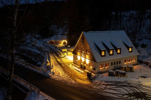 Aerial view of entrance building and mouth hole from Markus-Röhling-Stolln visitor mine,