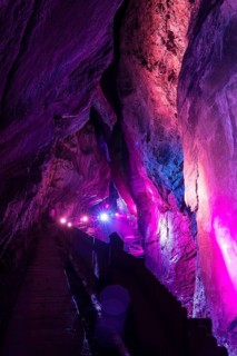 The Tamina Gorge and the Tamina River illuminated in colour at night, Altes Bad Pfäfers, St.
