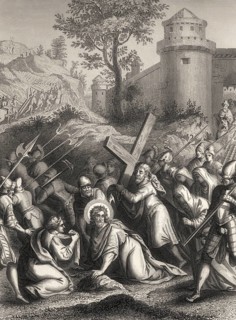 Jesus Christ Carrying the Cross to Mount Calvary, New Testament, steel engraving 1853, digitally
