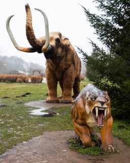 LUBIN, POLAND - JANUARY 15, 2026 - Park Wroclawski. Prehistoric mammal models including a woolly