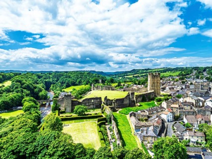 Richmond Castle from a drone, Richmond, Yorkshire Dales, North Yorkshire, England, United Kingdom