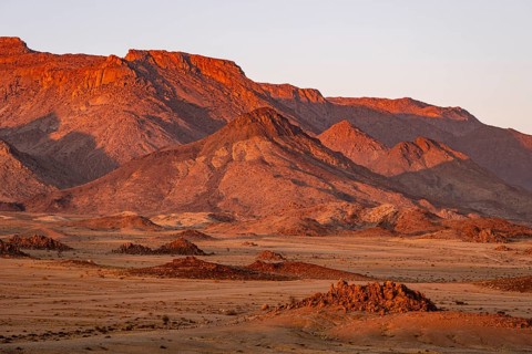 Desert landscape with Brandberg in morning light, at sunrise, Erongo, Damaraland, Namibia