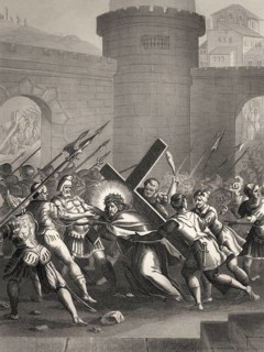 Jesus is led outside the gate to Mount Calvary, New Testament, steel engraving 1853, digitally