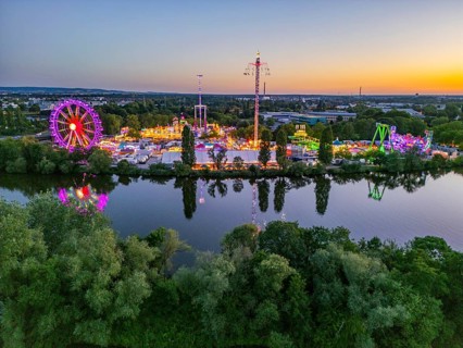 Aerial view, drone photo: Colourfully illuminated rides at the Main river festival, Aschaffenburg,