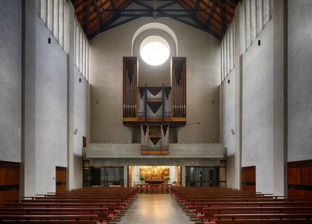 Interior photo, organ on gallery, including altar, altarpiece Mehrerau Mother of Mercy, monastery