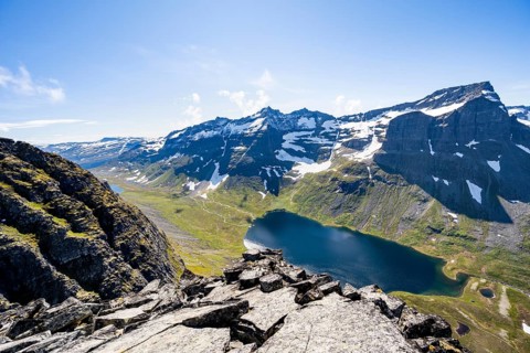 Panorama, view of mountain landscape from the summit of Innerdalstårnet, Lake Giklingdalsvatnet and