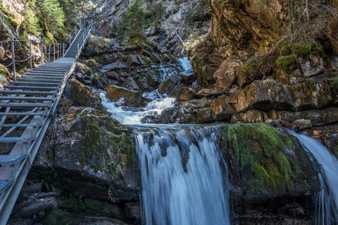 Hiking trail in Gaissalptobel with Gaissalpbach waterfall, Reichenbach, Oberstdorf, Oberallgäu,