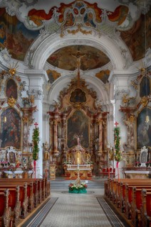 Interior view, nave, choir room, altar, Our Lady Cathedral, also collegiate church, Lindau,