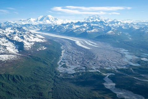 Kahlitna Glacier, Mt Foraker and Mt Denali or Mount McKinley, aerial view, Alaska Range, Denali