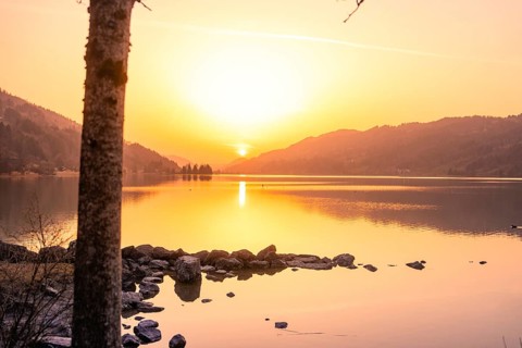 Warm light flows over a lake with rocks in the foreground at sunset, Großer Alpsee, Immenstadt im