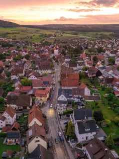 Bird's eye view of village at sunset, central street, church and many houses, surrounded by green
