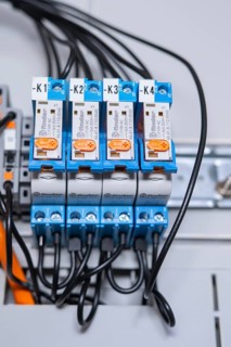 Four blue relays connected in series, showing structural complexity and electronics in detail,