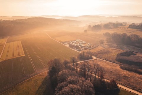 Agricultural fields at dawn with surrounding hills and trees, Grillbox Gechingen, Calw district,