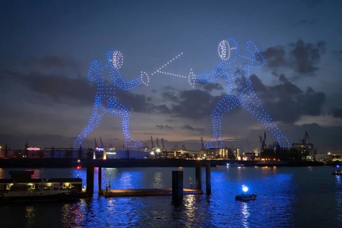 Drone light show over the Elbe as part of the Hamburg Olympic bid on 26.02.2026, Landungsbrücken,