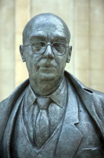 Philip Larkin statue, railway station concourse, Hull, Yorkshire, England, United Kingdom